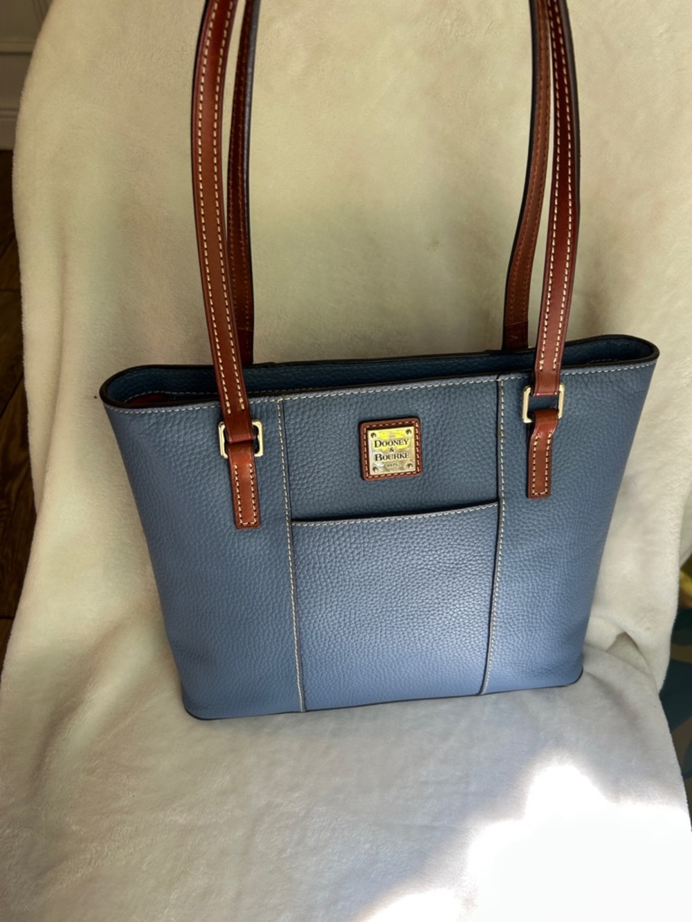 Dooney & Bourke Blue Pebbled Leather Tote with Brown Trim and Top Handles